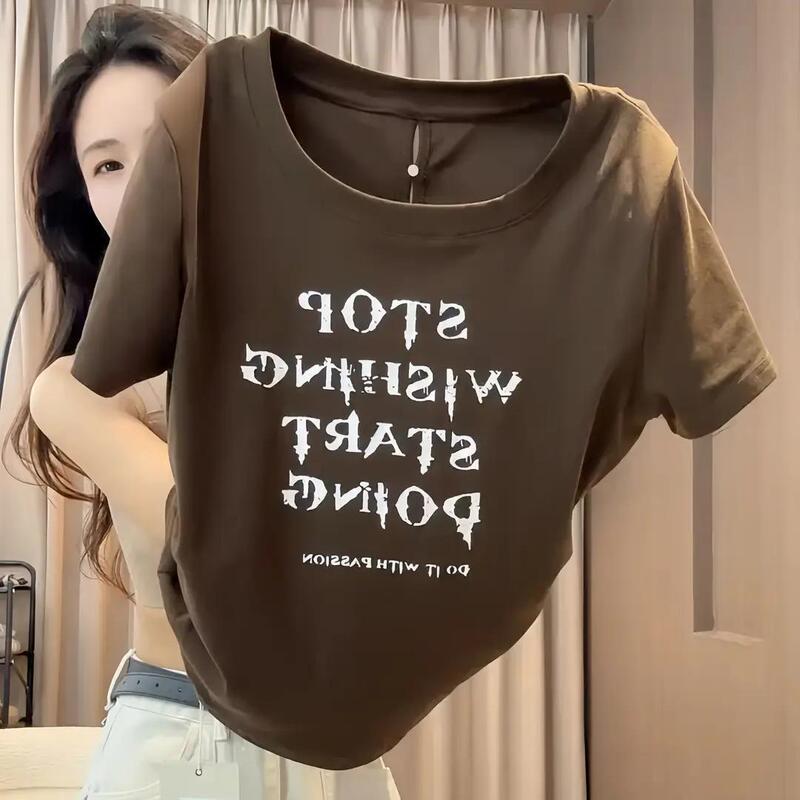 Korean-Style Letter-Print Round-Neck Short-Sleeve T-Shirt, 2026 Summer New Style, Waist-Cinching Slimming Design with Pleats, Versatile Top Korean-Style Letter-Print Round-Neck Short-Sleeve T-Shirt, 2026 Summer New Style, Waist-Cinching Slimming Design with Pleats, Versatile Top