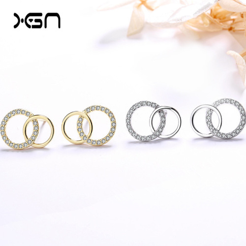 New concept s925 sterling silver diamond double ring stud earrings for women simple ins cool style geometric circle earrings wholesale