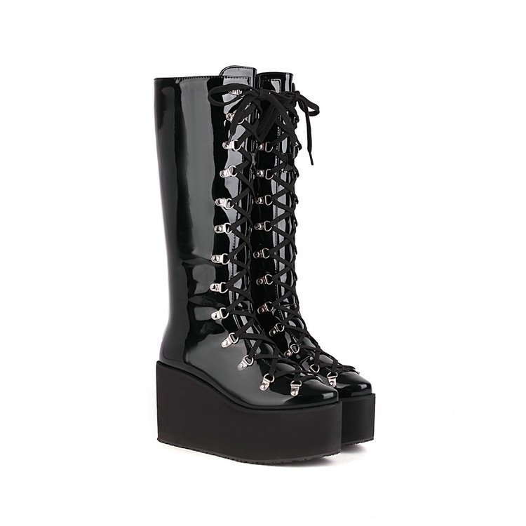 Gothic Lolita boots platform wedge high heel side zipper punk style boots front lace-up women's knee-length boots