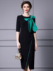 Bowtie contrasting color patchwork split buttocks skirt dress