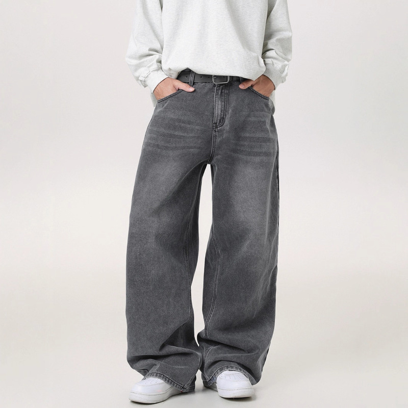 Vintage Distressed Wide-Leg Jeans for Men, Autumn New Straight Loose Trendy Brand Silhouette Long Pants, Basic Versatile Pants