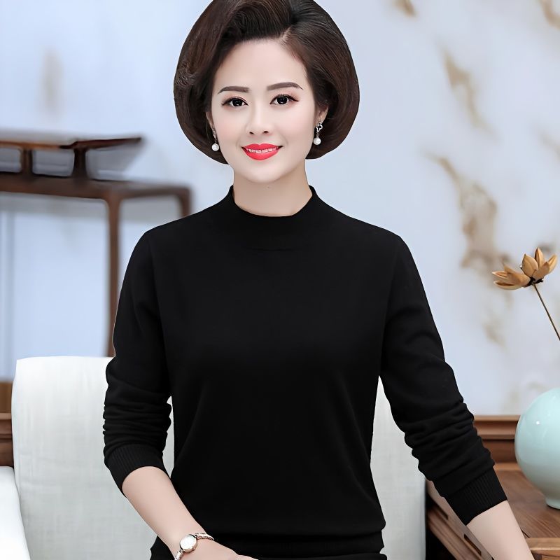 中老年毛衣纯色打底衫女妈妈装春秋针织衫短款上衣黑色内搭毛线衫