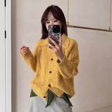 自产自销针织衫娃娃领扭花针织外套宽松软糯减龄长袖毛线开衫货源