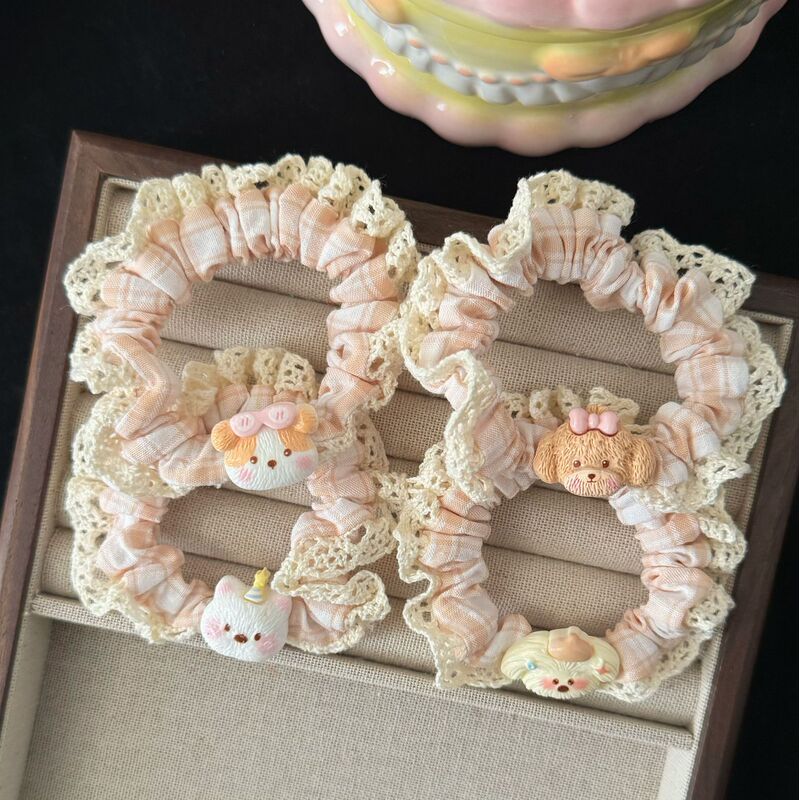 Cute Cream Puppy Lace Plaid Hair Band Cartoon Versatile Girly Style Ponytail Hair Rope Hair Accessories Wholesale New Style