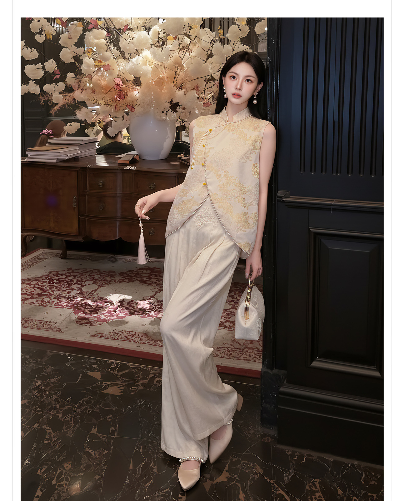 Set áo khoác gile + chân váy/quần dài nữ Tân Trung Hoa họa tiết in hoa vải nhuộm thực vật — Bộ [Áo khoác trắng bạc + Chân váy hồng đào], Bộ [Áo khoác trắng bạc + Quần dài trắng kem], Váy nửa màu hạnh nhân, Vàng trắng chi tiết 13