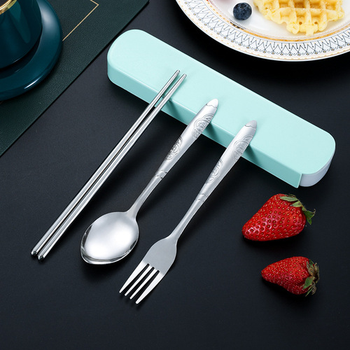 Home Stainless Steel Tableware Set of Three, Outdoor Portable Chopsticks, Forks, and Spoons Gift Box, Pull-out Student Spoons, Pull-out Box