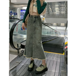 复古中长款毛边牛仔裙女春夏新款鱼尾半身长裙a字显瘦包臀裙女