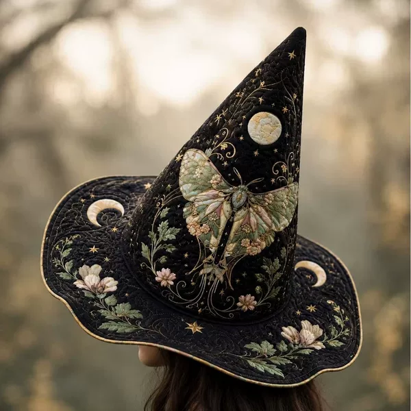 New cross-border holiday digital print + quilting craft Halloween art hat, quilted embroidered witch hat, magic hat