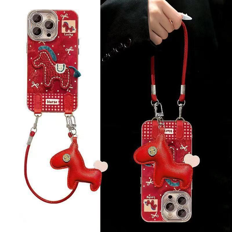 Polka Dot Embroidered Red Horse Suitable for Iphone17Promax Red Mobile Phone Case New 16/15 Niche 14/13 Female