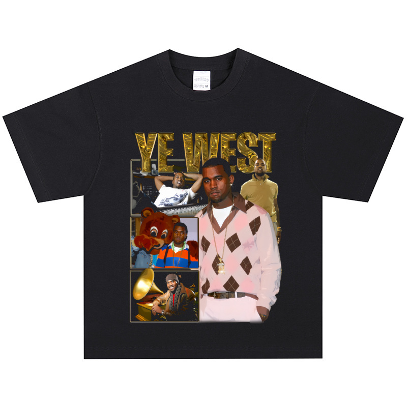 Kanye West Hip-Hop Rap American Retro T-Shirt High Street Distressed Heavy High Street Short-Sleeved Vintage Long-Sleeved