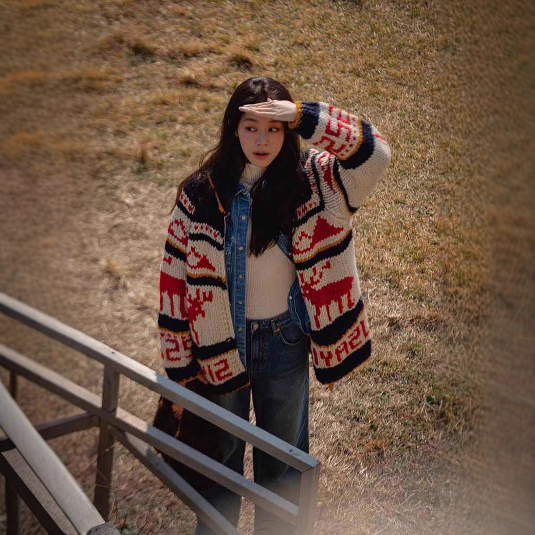 现 韩国设计师siyaz*圣诞麋鹿毛衣韩系女装宽松重工翻领针织外套