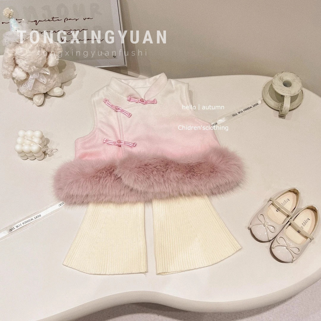 [en stock] nuevo estilo chino de niñas de color gradiente cheongsam chaleco de invierno nuevo chaleco de lana de niñas tendencia