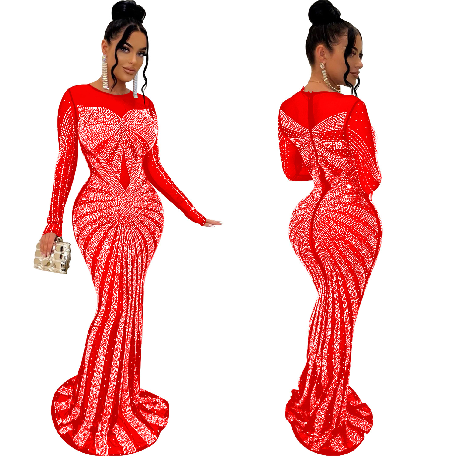 Women's Sheath Dress Elegant Round Neck Diamond Long Sleeve Solid Color Maxi Long Dress Banquet Party Street display picture 29