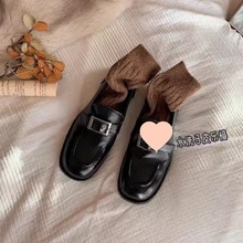 水洗马皮方圆头皮带扣一脚蹬乐福皮鞋平底黑色复古春季新款单鞋子