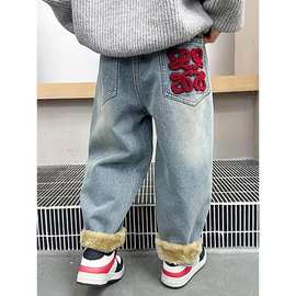 儿童装男童加绒裤子秋冬款2025新款大童冬季羊羔绒棉裤加厚牛仔裤