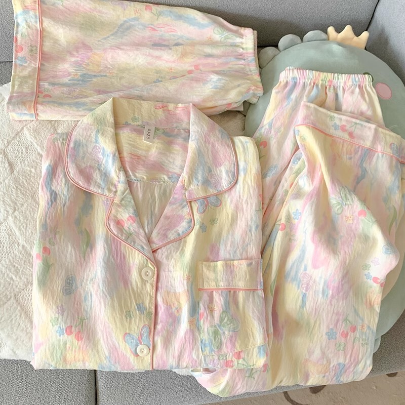 Yunduo Pure Cotton Gauze Pajamas Women's Short-Sleeved Pants Spring and Summer Three-Piece Set Sweet Tulip Cardigan Home Wear Summer