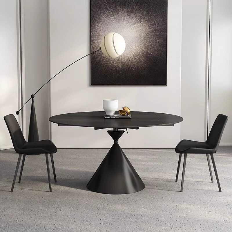 Mesa redonda variable de tabla de roca negra italiana, mesa redonda rotatoria retráctil de doble propósito, moderna y simple para hogares pequeños