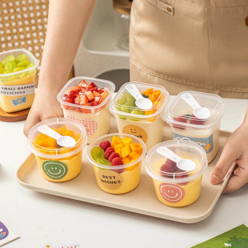 Taza de leche de doble cuero desechable con cubierta con cuchara Taza de pudín resistente a altas temperaturas Taza de plástico gelatina de leche congelada extracción de yogur