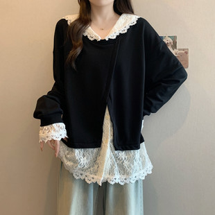 plus size Women's Fat mm2025 Spring Lace Stitching Fake Two-piece Sweatshirt Loose Belly Covering Lazy Style Top
