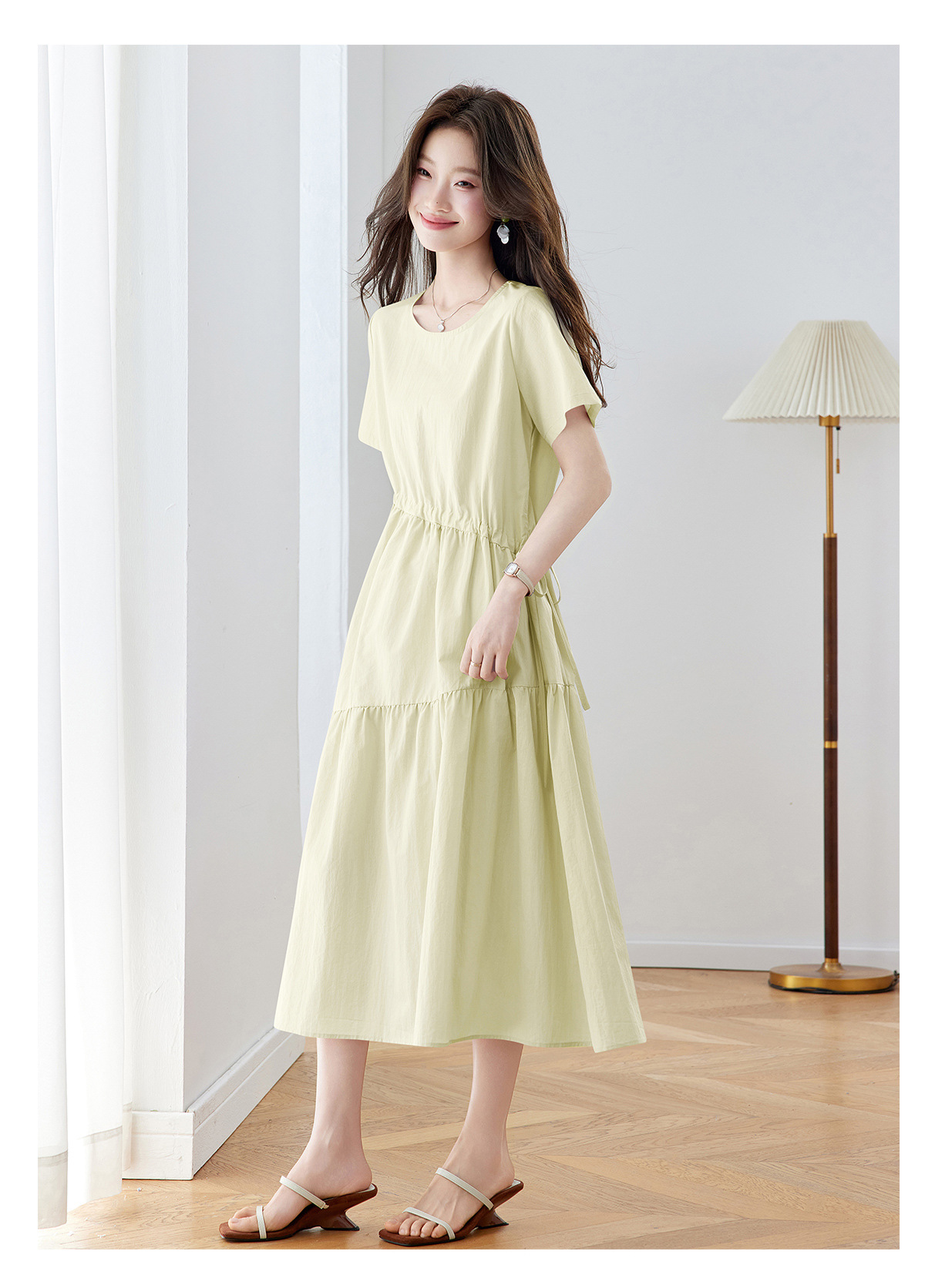 Đầm maxi nữ thắt eo dáng suông rút dây A-line tay ngắn JY2619 — màu tím nhạt, Vàng nhạt chi tiết 23