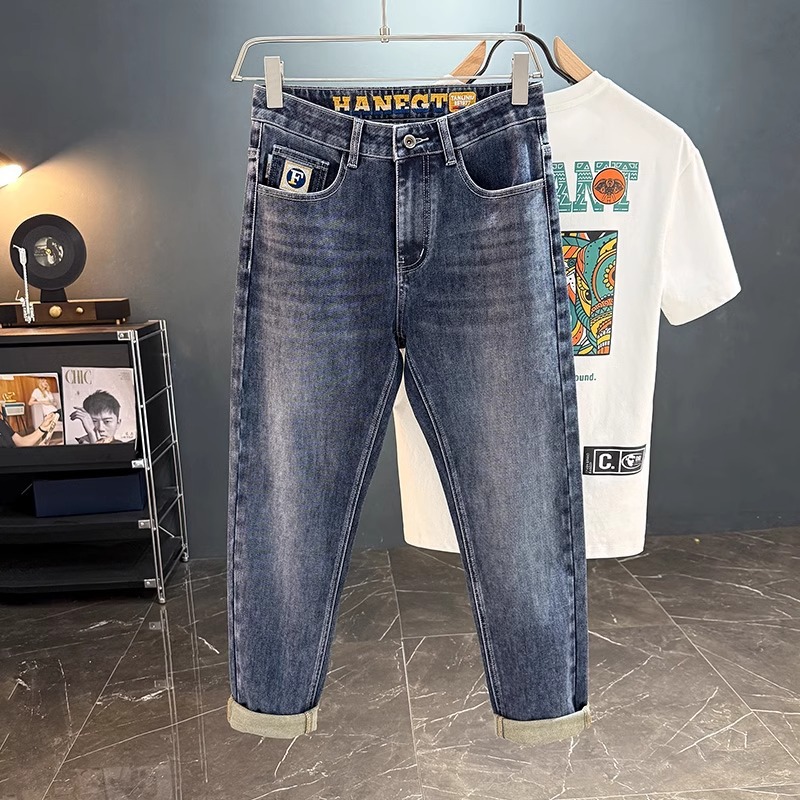 2025 Spring and Summer New Explosions Men's Jeans Fashion Embroidered Men's Pants Stretch Slim-fit Small Straight Denim Pants