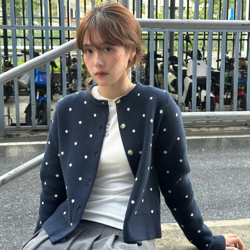 Korean Style Early Autumn Atmosphere Wear Navy Blue Retro Polka Dot Knitwear Cardigan Knitwear Jacket Slimming Look Top