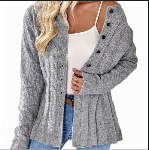 Women's European and American Style Single Button Casual Long Sleeve Knitted Cardigan for Autumn and Winter, Cable-Knit Round Neck, Warm Outerwear Sweater