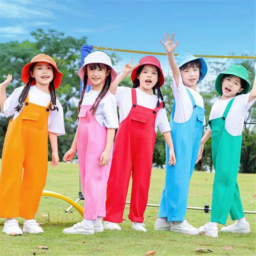 Children's performance costumes for kindergarten dance, adjustable straps long pants for boys and girls, halter pants attire, cheerleading outfits
