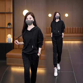 春秋长袖套装女休闲运动跑步两件套时尚上衣洋气连帽卫衣长裤套装