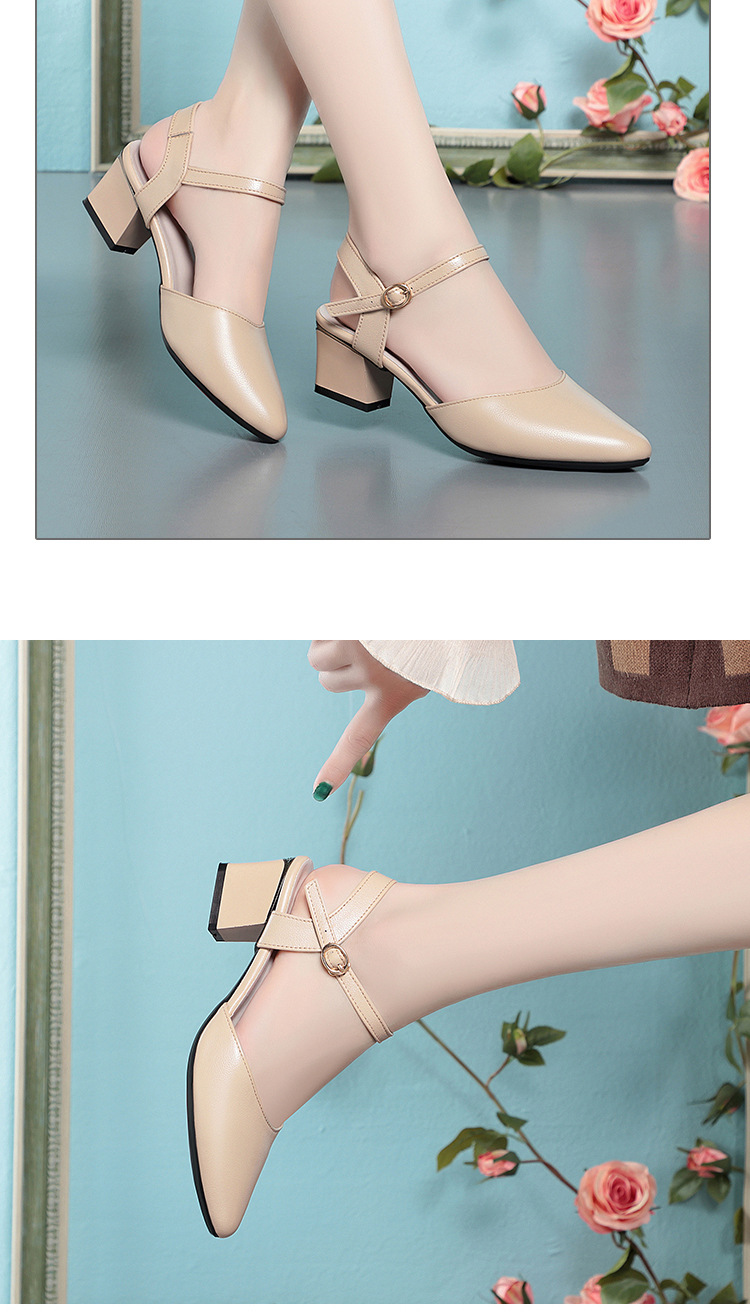 Sandal cao gót nữ mũi nhọn bít mũi da thật gót thô — Màu trắng chi tiết 9