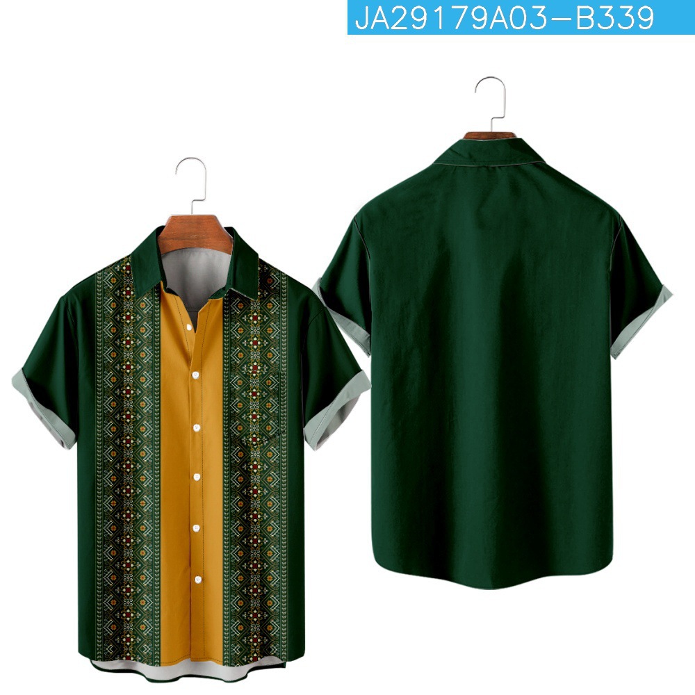 2023 nuevo verano transfronterizo rayado floral 3D Impresión digital manga corta moda solapa camisa de bolsillo de los hombres