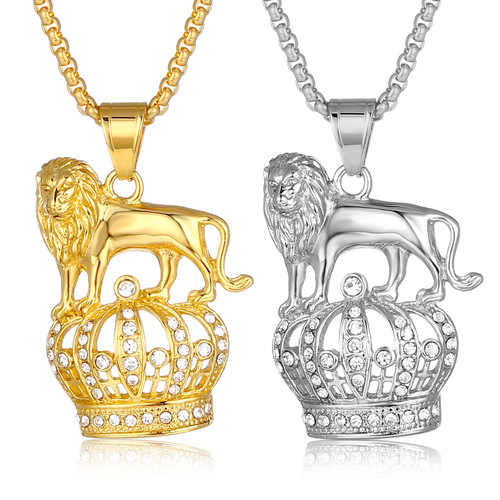 Euro-American Cross-Border Hip-Hop Jewelry Hot Sale: Titanium Steel Gold-Plated Crown Pendant Necklace with Diamond-Inlaid Lion Head Designs