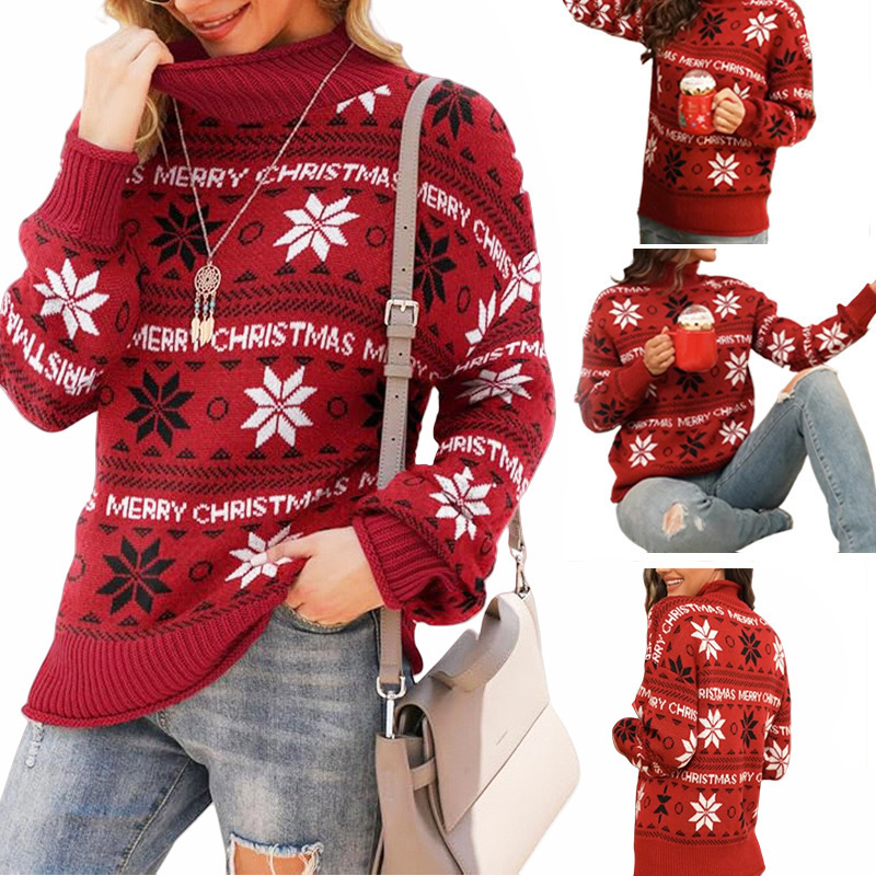 Customized Cross-Border European and American Turtleneck Knitwears Red Holiday Christmas Jacquard Knitwears for Men and Women Long-Sleeved Wholesale Amazon