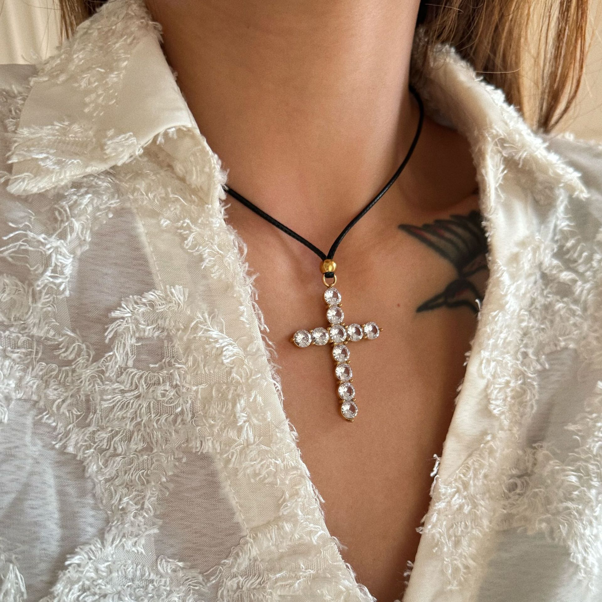 Plating, Inlay Design Leather Rope Titanium Steel Retro Cross Plating Inlay Zircon Pendant Necklace