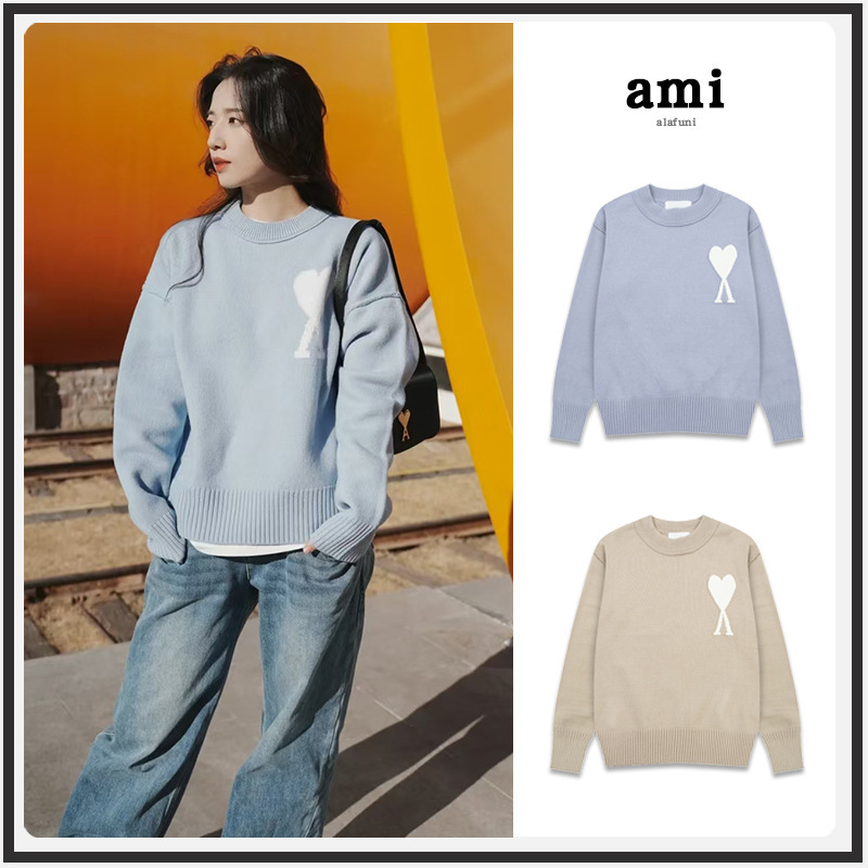 ami毛衣25ss新款拼缝反套提花大爱心圆领跨境宽松休闲女针织开衫|undefined