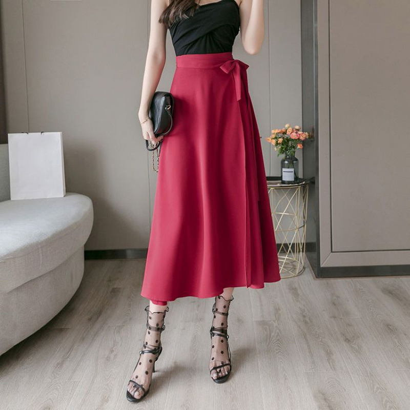 Solid Color One-Piece Skirt, Mid-Length Chiffon Slit Skirt, Summer Irregular Tie-Up High-Waisted Long Skirt Solid Color One-Piece Skirt, Mid-Length Chiffon Slit Skirt, Summer Irregular Tie-Up High-Waisted Long Skirt