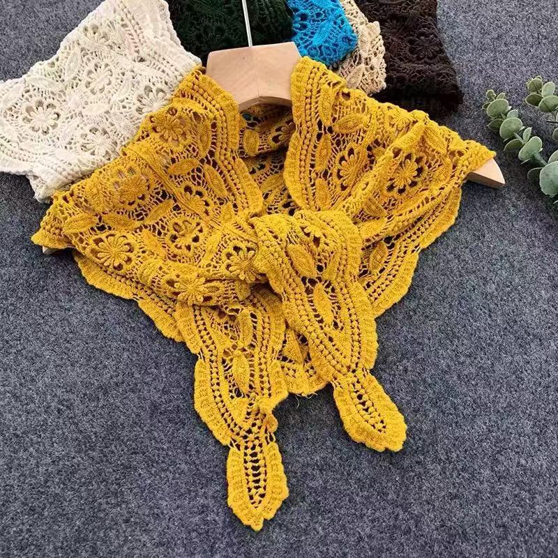 Triangular scarf for neck protection, women's pure cotton, green and yellow, lace hollowed-out, suitable for pairing with dresses, knitted shawl for air-conditioned rooms