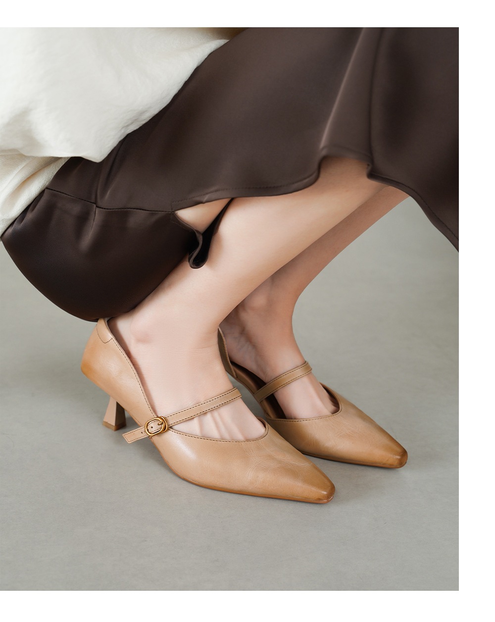 Sandal cao gót nữ quai ngang mũi nhọn da bò cổ điển gót 9 cm — đen chi tiết 7