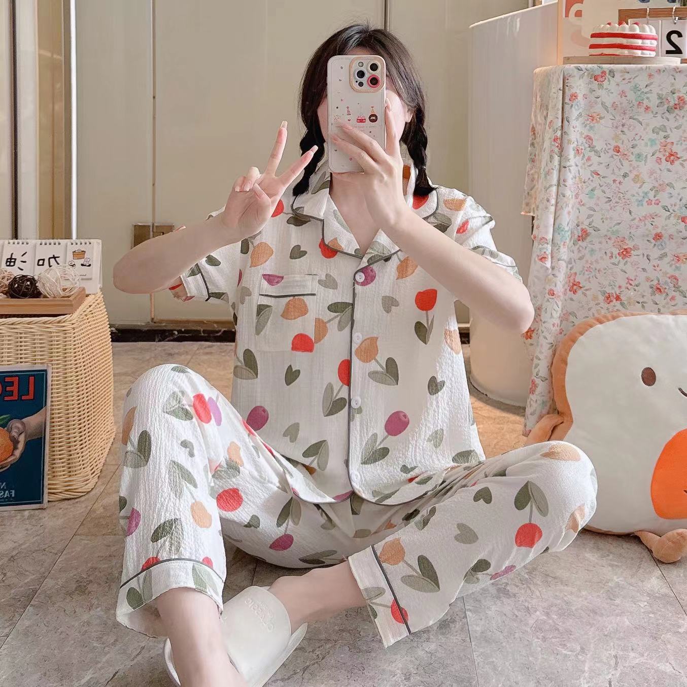 Pajamas de espuma tejidos de verano de algodón pantalones largos de mangas cortas ropa para el hogar de verano delgada de algodón conjunto de dos piezas