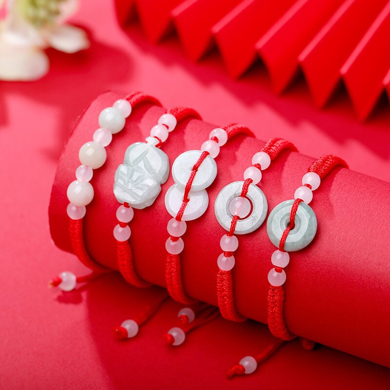 Zodiac Year Red Rope Bracelet Jade Jade Bring in Wealth and Treasure Pixiu Bracelet Men and Women Flower Blossom Wealth Red Rope Peace Buckle