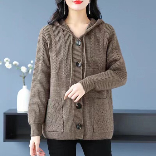 Spring and Autumn Season Mother Short Length Knitted Jacket Women Middle-Aged Loose Thick Knitted Top with Hooded Jacket Upper Garment Women