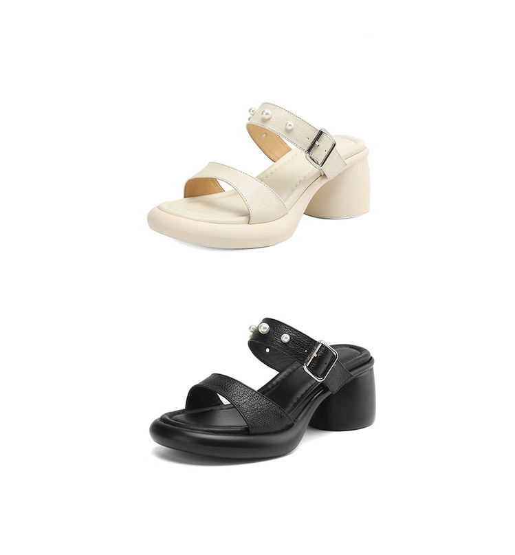 Sandal nữ hở mũi đế tăng chiều cao mùa hè, mũi tròn khóa kim loại ngọc trai — đen, Màu trắng nhạt chi tiết 19