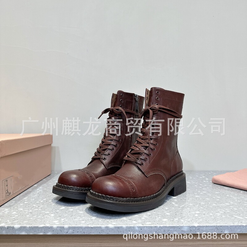 高端品质2025秋冬真皮圆头复古做旧厚底显瘦系带马丁靴骑士靴|undefined
