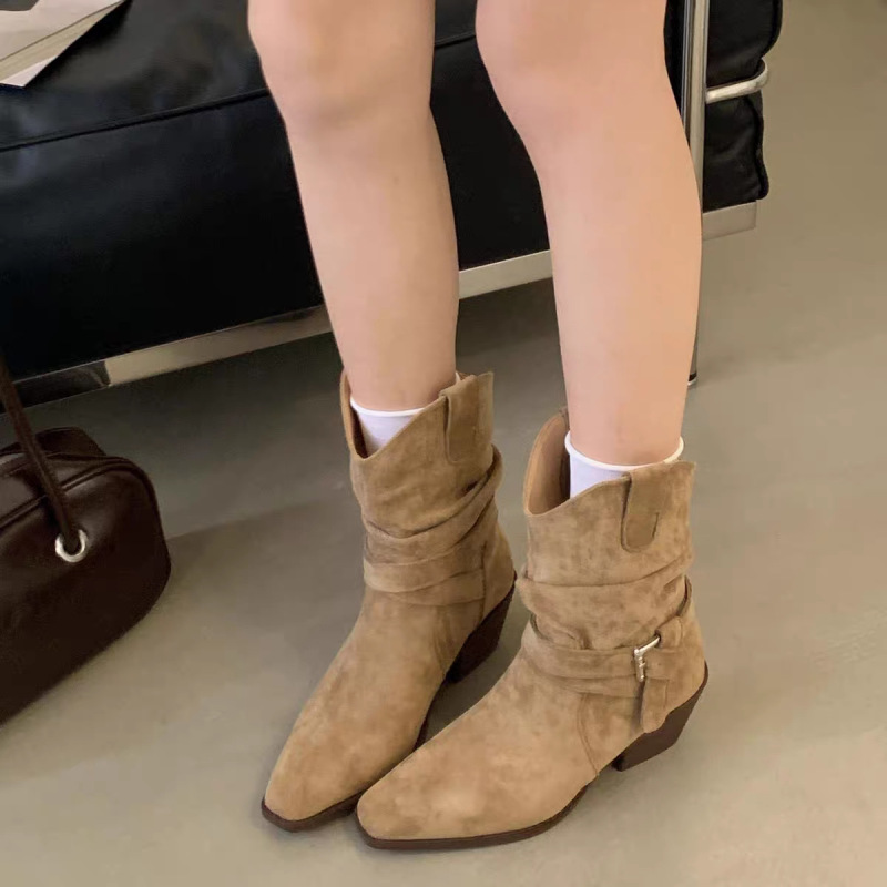 韩版绒面皮带扣粗高跟西部牛仔靴女秋冬款外穿时尚百搭复古中筒靴|undefined