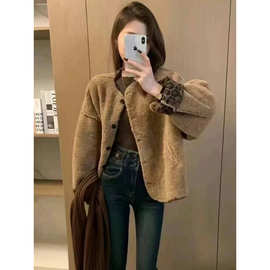 单排扣拼色豹纹羊羔毛外套女2025秋冬季新款宽松加厚休闲百搭上衣