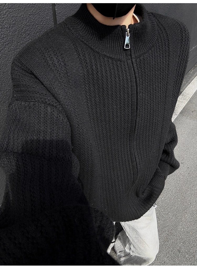 Men's Stand Collar Knit Cardigan Oversized Pullover Sweater_voghion.com