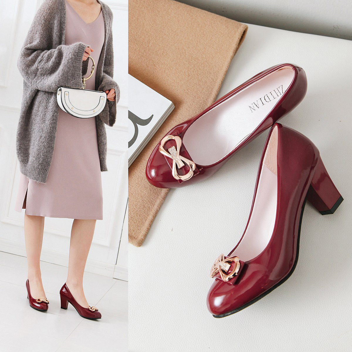 2025 Autumn New Style Pointed Toe Shallow Mouth Chunky Heel Slip-On High Heels Metal Accents, Versatile And Elegant,_vogvips.com