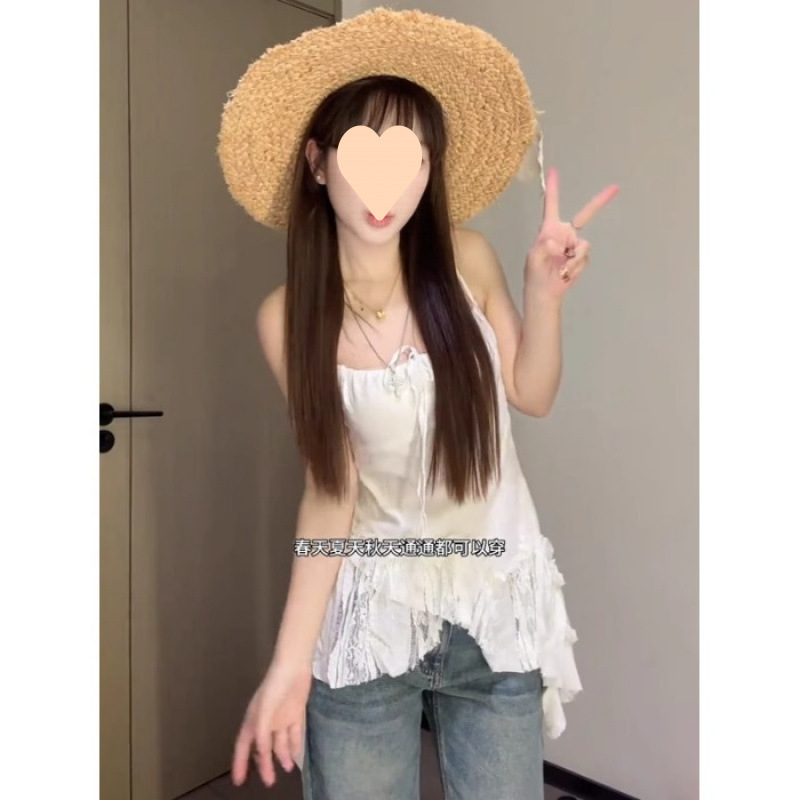 プラスサイズのフレンチスイート不規則な白いキャミソール女性の夏の太ったMMは肉をカバーして痩身レースバットカーテントップ|undefined