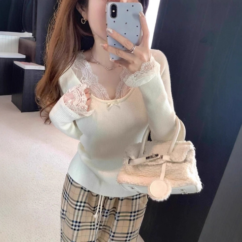 Hot Girl Pure Lust Sexy Lace Splicing Long-Sleeved Knitwear Women's Spring & Fall Short Elastic Slimming Look Inner Top