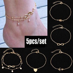 Trendy Cross-Border Foot Accessories from Europe and America: New Collection—Multiple Designs of Pearl Heart-Shape Cross-Border Anklets (5-Piece Set)